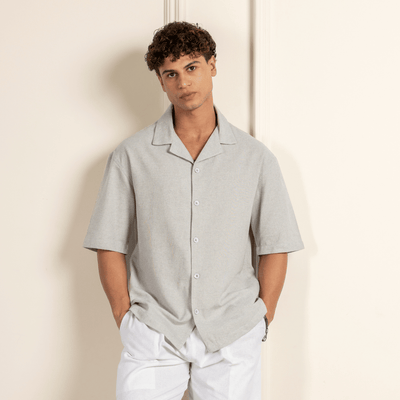 Box Fit Cuban Collar Shirt For Men | Melange Grey – Men Shirt on Brown Living™. SKU: 1017_38. Img 2.