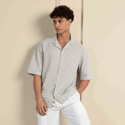 Box Fit Cuban Collar Shirt For Men | Melange Grey – Men Shirt on Brown Living™. SKU: 1017_38. Img 5.