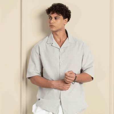 Box Fit Cuban Collar Shirt For Men | Melange Grey – Men Shirt on Brown Living™. SKU: 1017_38. Img 7.