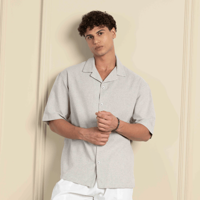 Box Fit Cuban Collar Shirt For Men | Melange Grey – Men Shirt on Brown Living™. SKU: 1017_38. Img 1.