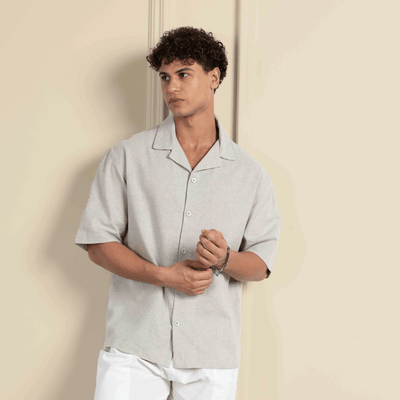 Box Fit Cuban Collar Shirt For Men | Melange Grey – Men Shirt on Brown Living™. SKU: 1017_38. Img 8.