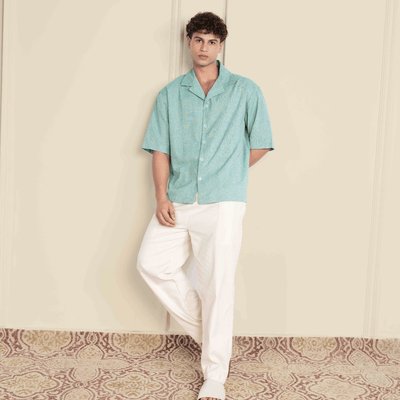 Box Fit Cuban Collar Shirt For Men | Sea Green – Men Shirt on Brown Living™. SKU: 1037_38. Img 5.