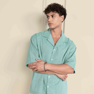 Box Fit Cuban Collar Shirt For Men | Sea Green – Men Shirt on Brown Living™. SKU: 1037_38. Img 4.