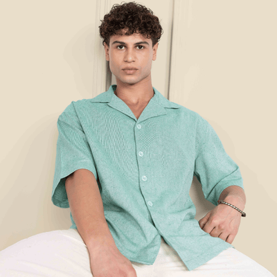 Box Fit Cuban Collar Shirt For Men | Sea Green – Men Shirt on Brown Living™. SKU: 1037_38. Img 1.