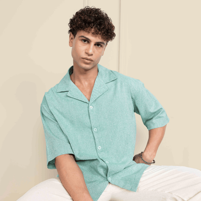 Box Fit Cuban Collar Shirt For Men | Sea Green – Men Shirt on Brown Living™. SKU: 1037_38. Img 2.