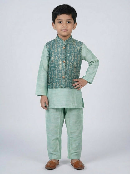 Boys Cotton Printed Kurta Pyjama Set With Jacket – Kids Ethnic Sets on Brown Living™. SKU: BLP-KRS-02260. Img 1.