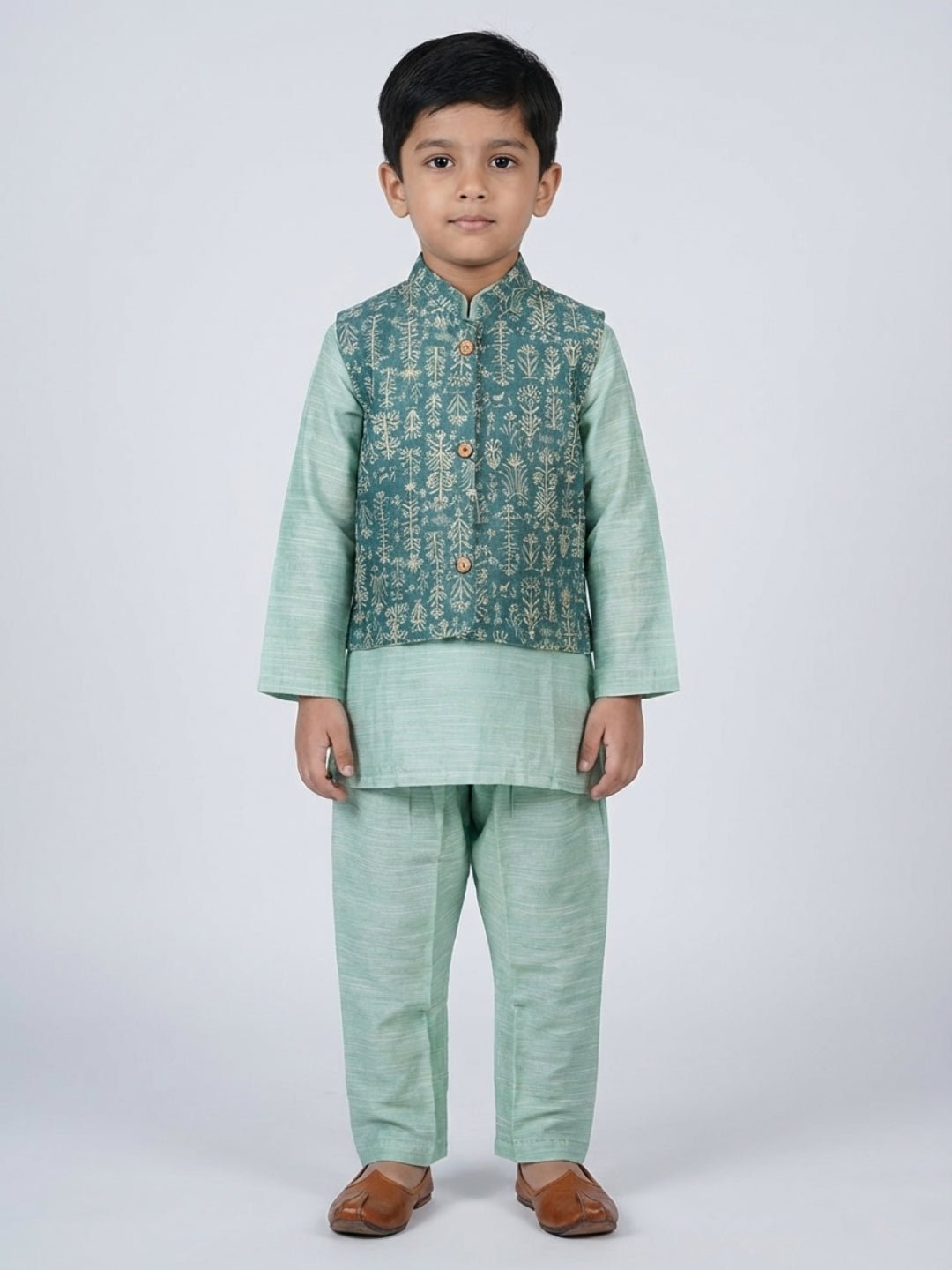 Boys Cotton Printed Kurta Pyjama Set With Jacket – Kids Ethnic Sets on Brown Living™. SKU: BLP-KRS-02260. Img 4.