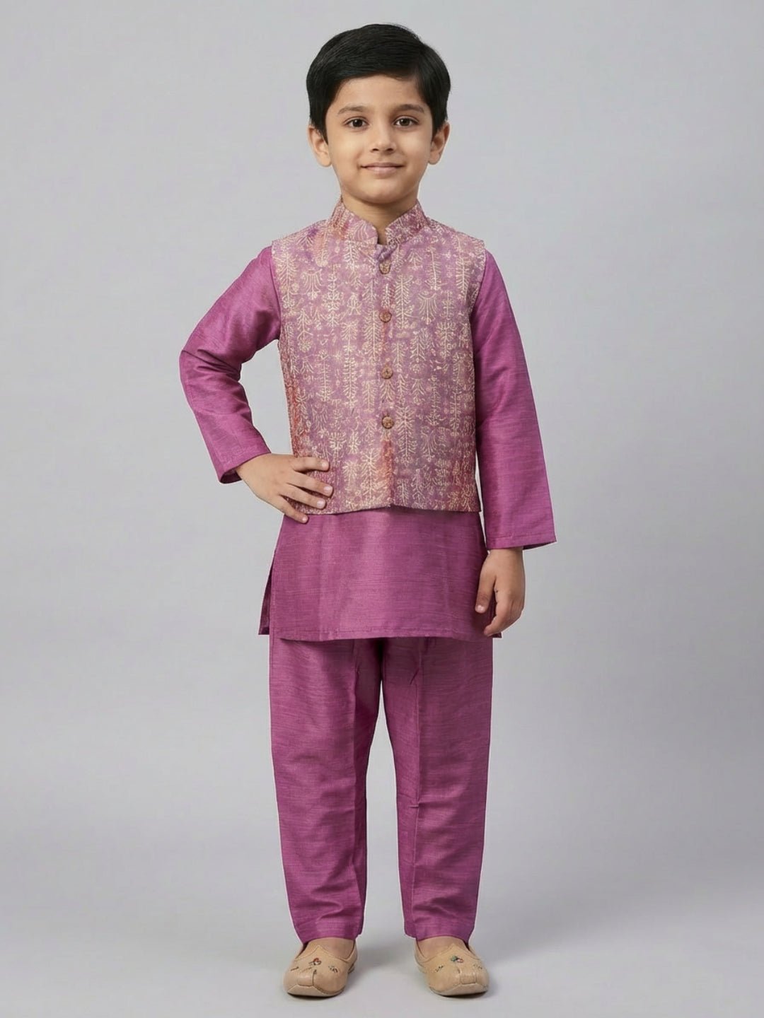 Boys Cotton Printed Kurta Pyjama Set With Jacket – Kids Ethnic Sets on Brown Living™. SKU: BLP-KRS-02284. Img 12.