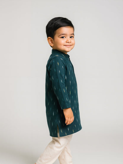 Boys Green Printed Mandarin Collar Full Sleeves Kurta Set (6–18M) – Kids Ethnic Sets on Brown Living™. SKU: BLP-KPF-GR_6-12M. Img 4.