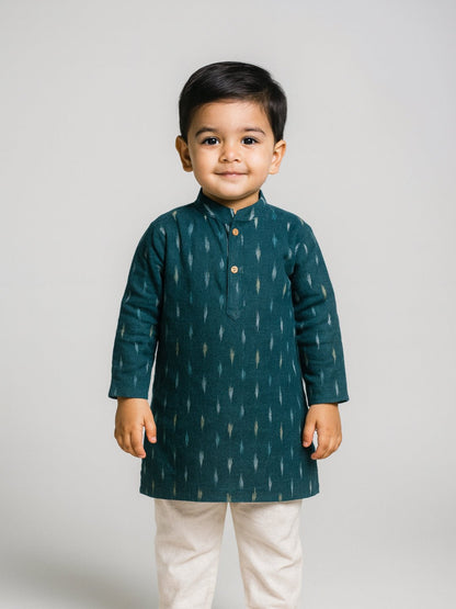 Boys Green Printed Mandarin Collar Full Sleeves Kurta Set (6–18M) – Kids Ethnic Sets on Brown Living™. SKU: BLP-KPF-GR_6-12M. Img 1.