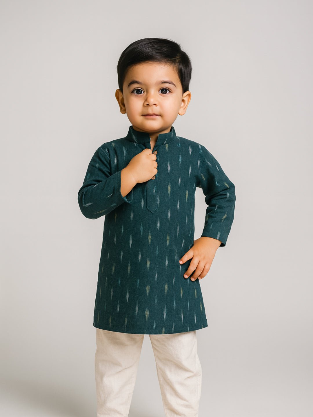 Boys Green Printed Mandarin Collar Full Sleeves Kurta Set (6–18M) – Kids Ethnic Sets on Brown Living™. SKU: BLP-KPF-GR_6-12M. Img 3.