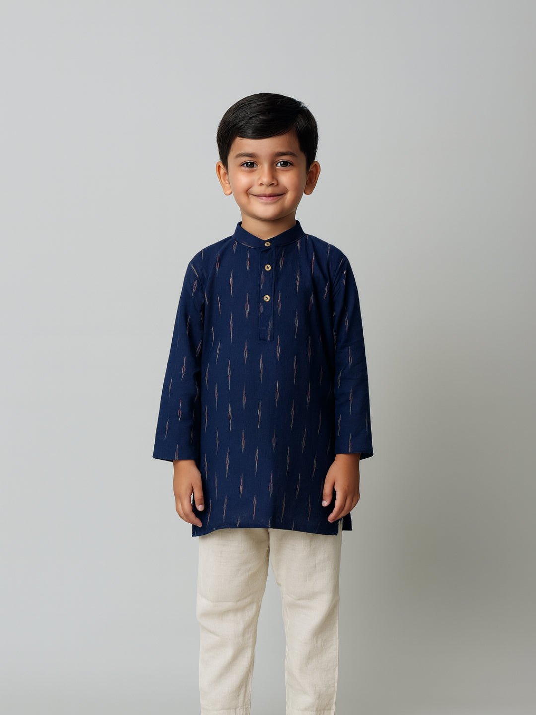 Boys Printed Mandarin Collar Blue Full Sleeves Kurta Set – Kids Ethnic Sets on Brown Living™. SKU: BLP-KPF-BLU_2-3Y. Img 1.