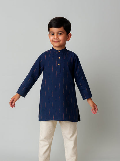 Boys Printed Mandarin Collar Blue Full Sleeves Kurta Set – Kids Ethnic Sets on Brown Living™. SKU: BLP-KPF-BLU_2-3Y. Img 2.