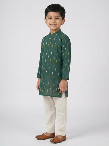 Boys Printed Mandarin Collar Green Full Sleeves Kurta Set – Kids Ethnic Sets on Brown Living™. SKU: BLP-KPF-GR_2-3Y. Img 4.