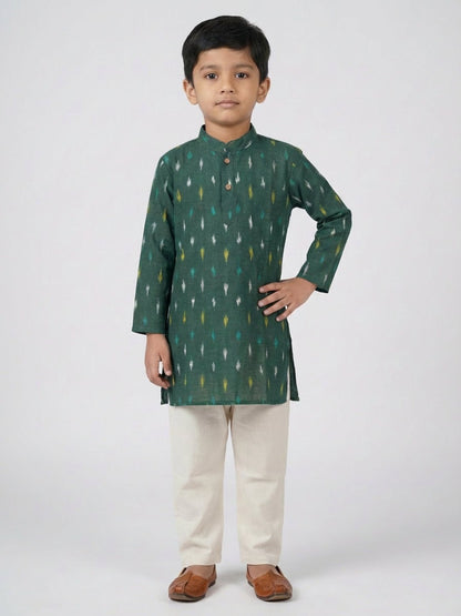 Boys Printed Mandarin Collar Green Full Sleeves Kurta Set – Kids Ethnic Sets on Brown Living™. SKU: BLP-KPF-GR_2-3Y. Img 3.