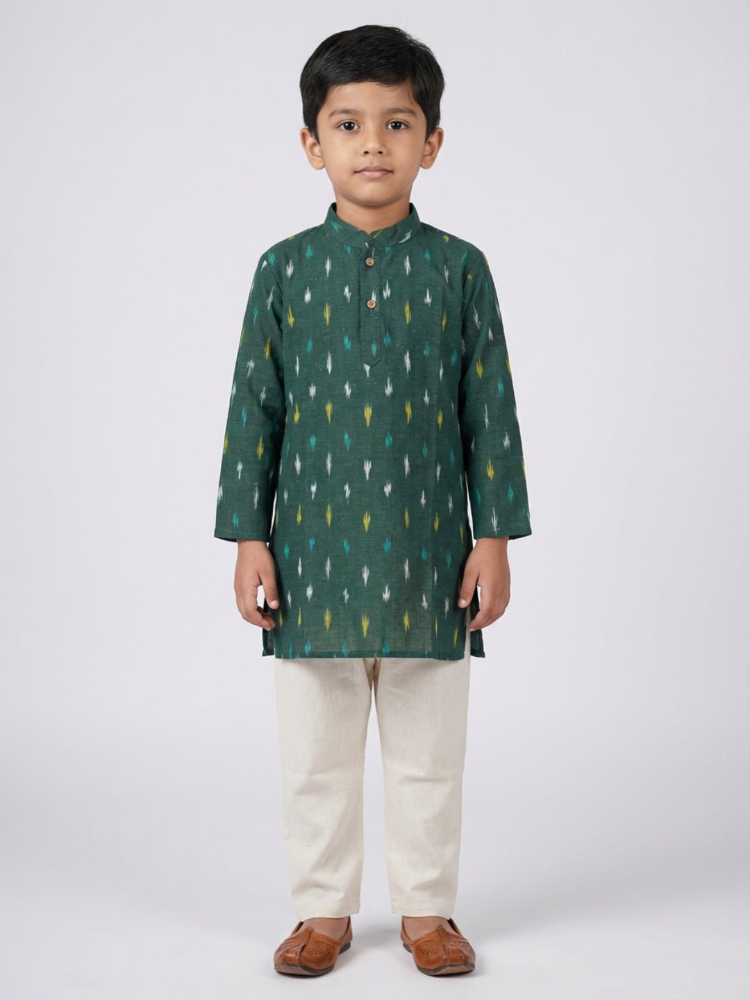 Boys Printed Mandarin Collar Green Full Sleeves Kurta Set – Kids Ethnic Sets on Brown Living™. SKU: BLP-KPF-GR_2-3Y. Img 2.