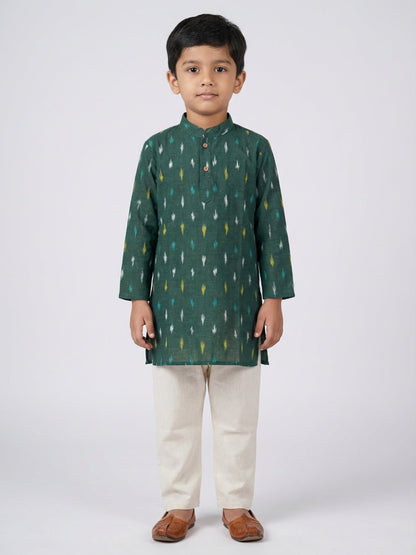 Boys Printed Mandarin Collar Green Full Sleeves Kurta Set – Kids Ethnic Sets on Brown Living™. SKU: BLP-KPF-GR_2-3Y. Img 2.