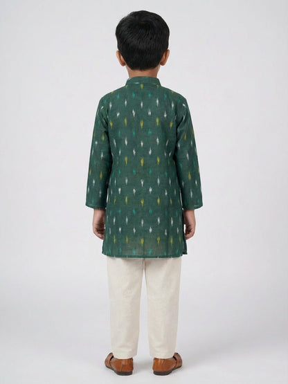 Boys Printed Mandarin Collar Green Full Sleeves Kurta Set – Kids Ethnic Sets on Brown Living™. SKU: BLP-KPF-GR_2-3Y. Img 5.
