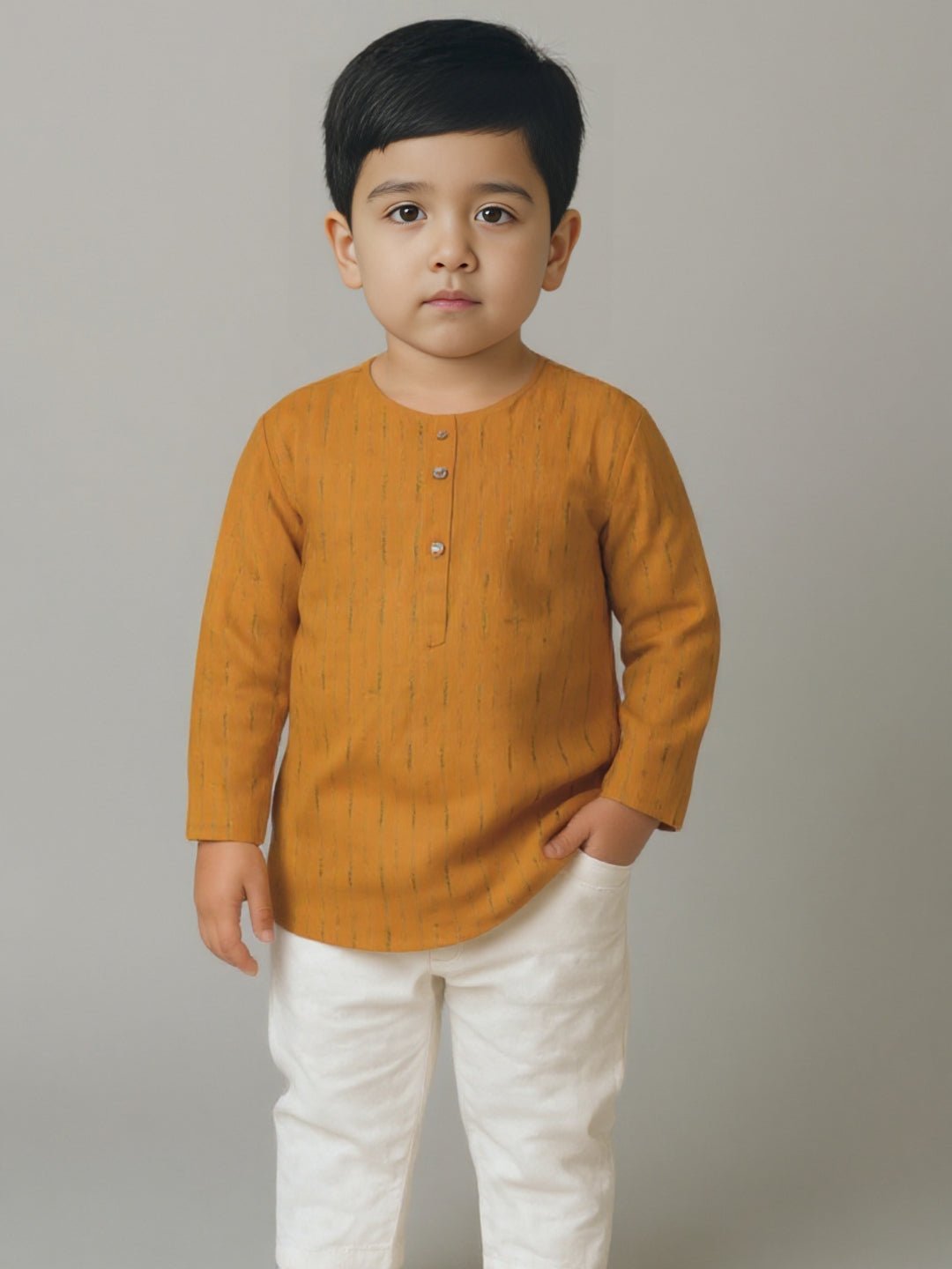 Boys Printed Mandarin Collar Yellow Full Sleeve Kurta Set 6–18M – Kids Ethnic Sets on Brown Living™. SKU: BLP-KPF-YL_6-12M. Img 1.