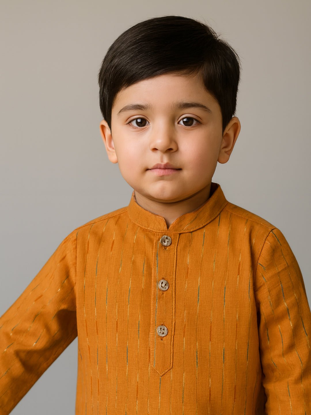Boys Printed Mandarin Collar Yellow Full Sleeve Kurta Set 6–18M – Kids Ethnic Sets on Brown Living™. SKU: BLP-KPF-YL_6-12M. Img 4.