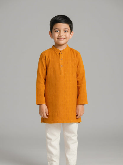 Boys Printed Mandarin Collar Yellow Full Sleeve Kurta Set – Kids Ethnic Footwear on Brown Living™. SKU: BLP-KPF-YL_2-3Y. Img 1.