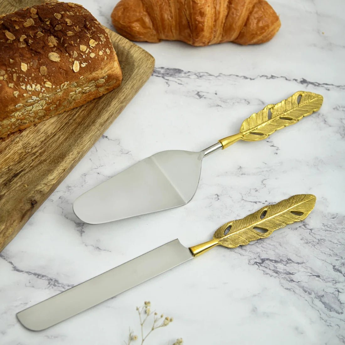 Brass Cake and Knife Server Set | Punkh - Feather Handle – Kitchen Tools by Pravaah India available on Brown Living™. . SKU: PRA23HD012BL. Img 4.