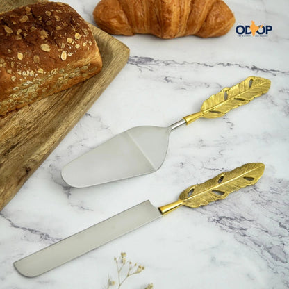Brass Cake And Knife Server Set | Punkh - Feather Handle – Kitchen Tools on Brown Living™. SKU: PRA23HD012_BL. Img 5.