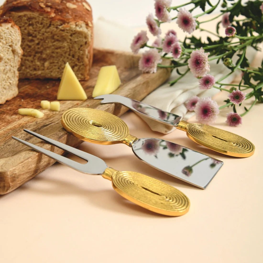 Brass Cheese Knife Set of 3 | Ekaantrik - Concentric design – Kitchen Tools by Pravaah India available on Brown Living™. . SKU: PRA23HD014BL. Img 2.