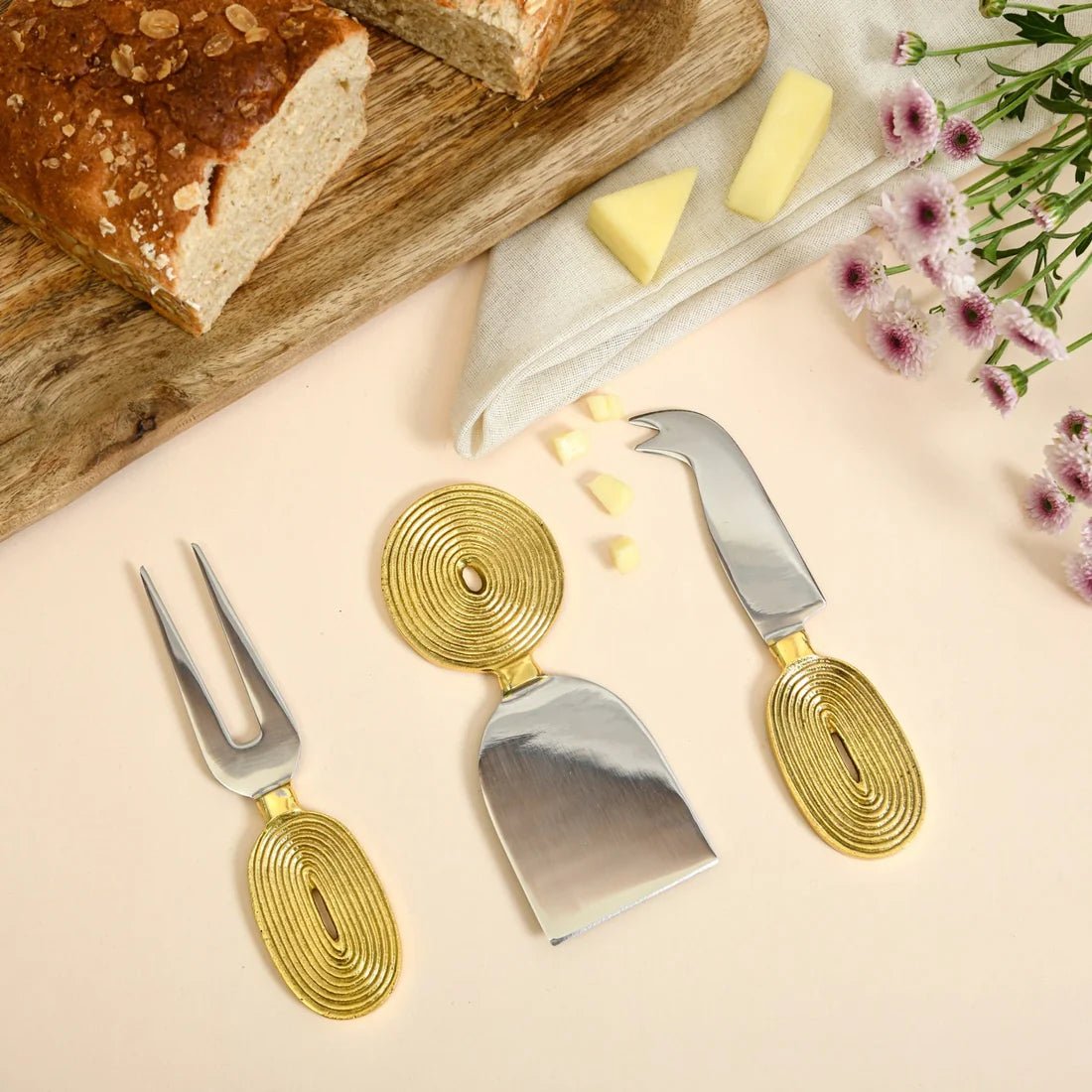 Brass Cheese Knife Set of 3 | Ekaantrik - Concentric design – Kitchen Tools by Pravaah India available on Brown Living™. . SKU: PRA23HD014BL. Img 3.