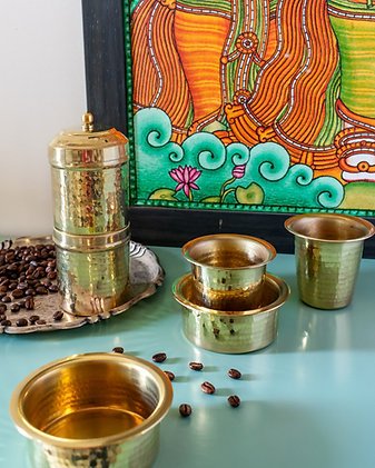 Brass Coffee Set | Traditional Heritage Drinkware Set – Kitchen Tools on Brown Living™. SKU: ANTBHCSHKG. Img 3.