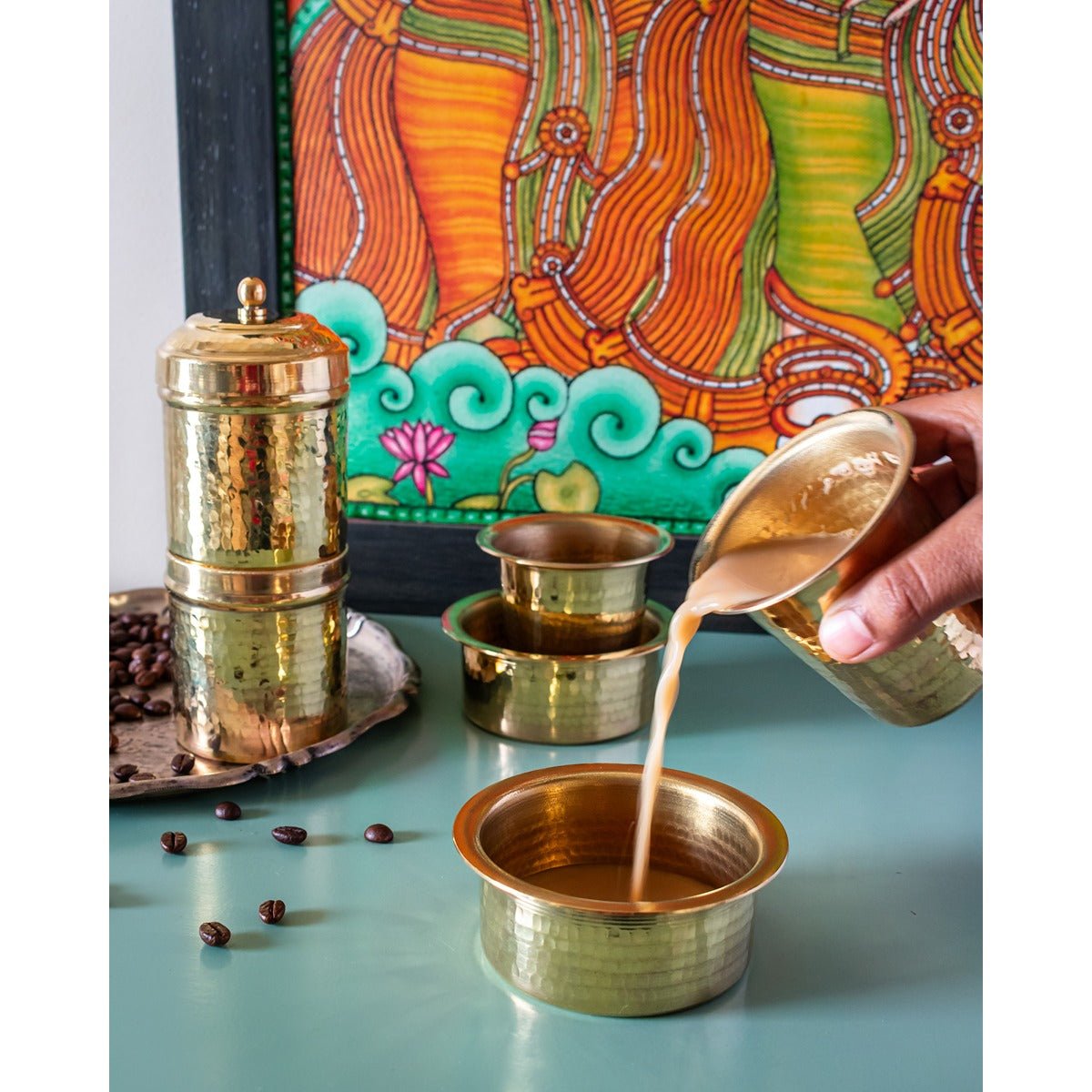 Brass Coffee Set | Traditional Heritage Drinkware Set – Kitchen Tools on Brown Living™. SKU: ANTBHCSHKG. Img 5.