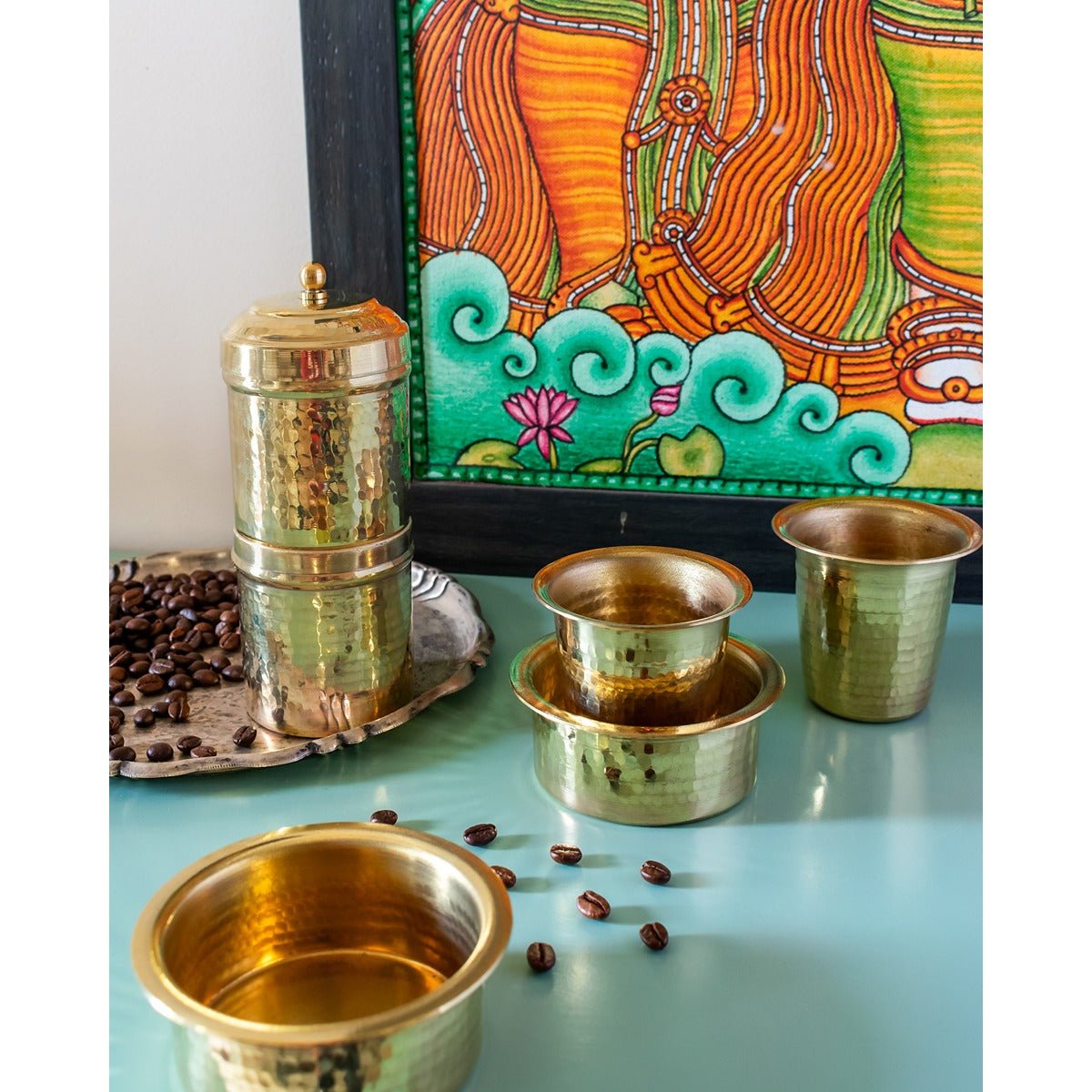 Brass Coffee Set | Traditional Heritage Drinkware Set – Kitchen Tools on Brown Living™. SKU: ANTBHCSHKG. Img 6.