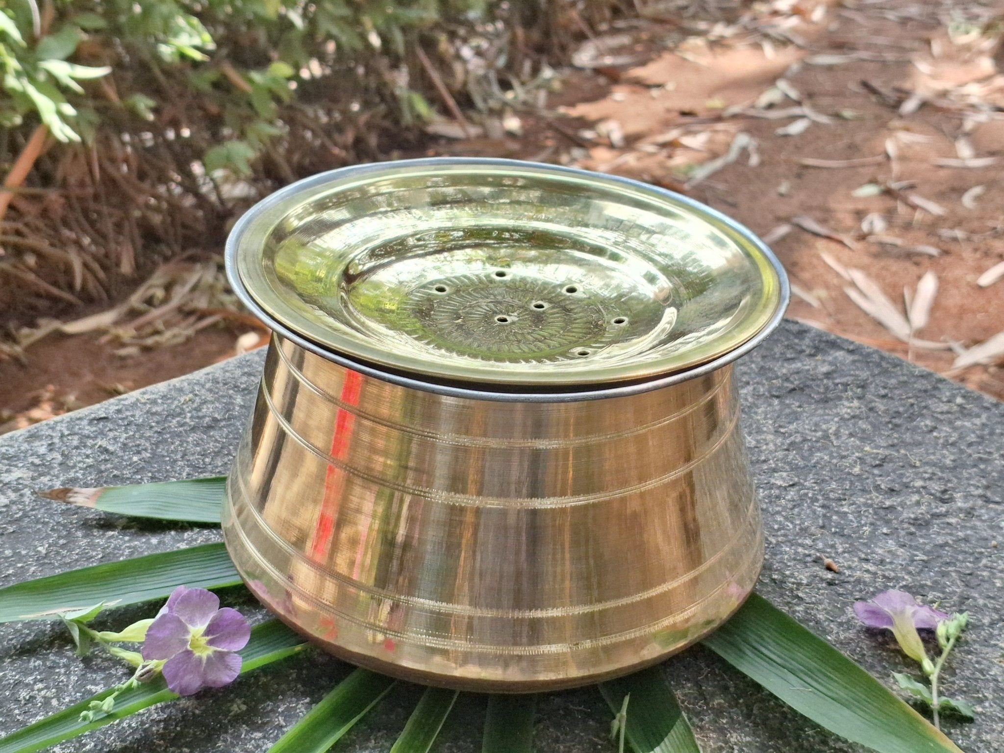 Brass Rice Pot Handi Patila with Filter Lid | Tin Coated Cookware – Kitchen Tools on Brown Living™. SKU: BRP. Img 1.