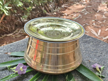 Brass Rice Pot Handi Patila with Filter Lid | Tin Coated Cookware – Kitchen Tools on Brown Living™. SKU: BRP. Img 1.