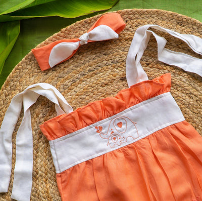 Breathable Tangerine Twosome Orange Romper for Babies – Kids Frocks & Dresses on Brown Living™. SKU: ARN005_0-3. Img 2.