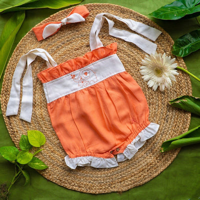 Breathable Tangerine Twosome Orange Romper for Babies – Kids Frocks & Dresses on Brown Living™. SKU: ARN005_0-3. Img 1.