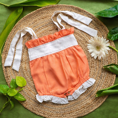 Breathable Tangerine Twosome Orange Romper for Babies – Kids Frocks & Dresses on Brown Living™. SKU: ARN005_0-3. Img 3.