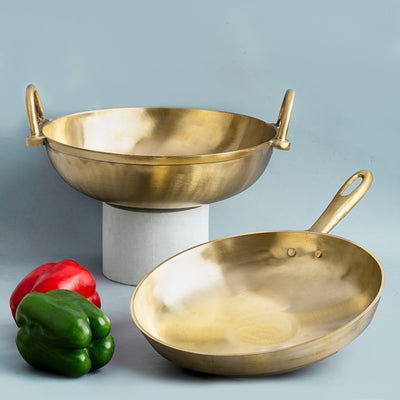 Bronze/ Kansa Handmade Combo (Kadai + Sauté Pan) – Cookware on Brown Living™. SKU: Bronze/Kansa - Combo - 2800g - packof2. Img 1.