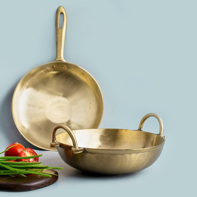 Bronze/ Kansa Handmade Combo (Kadai + Sauté Pan) – Cookware on Brown Living™. SKU: Bronze/Kansa - Combo - 2800g - packof2. Img 2.