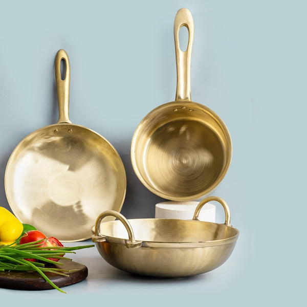 Bronze/ Kansa Handmade Family Combo (Kadai+ Sauté Pan+ Sauce Pan) | Verified Sustainable Cookware on Brown Living™