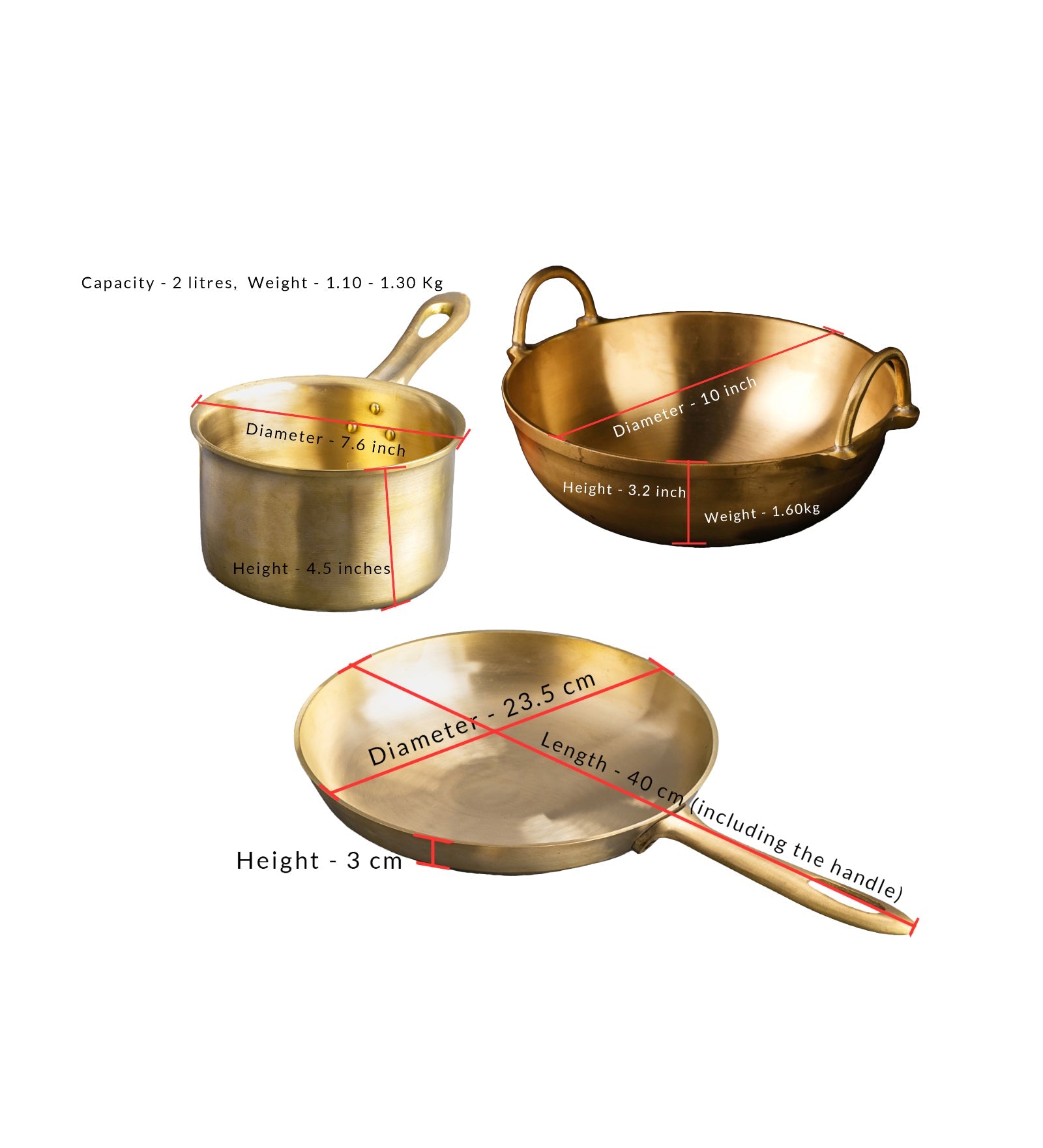 Bronze/ Kansa Handmade Family Combo (Kadai+ Sauté Pan+ Sauce Pan) – Cookware on Brown Living™. SKU: Bronze-Kadai-Frypan-Saucepan-Combo-4300g-packof33. Img 3.