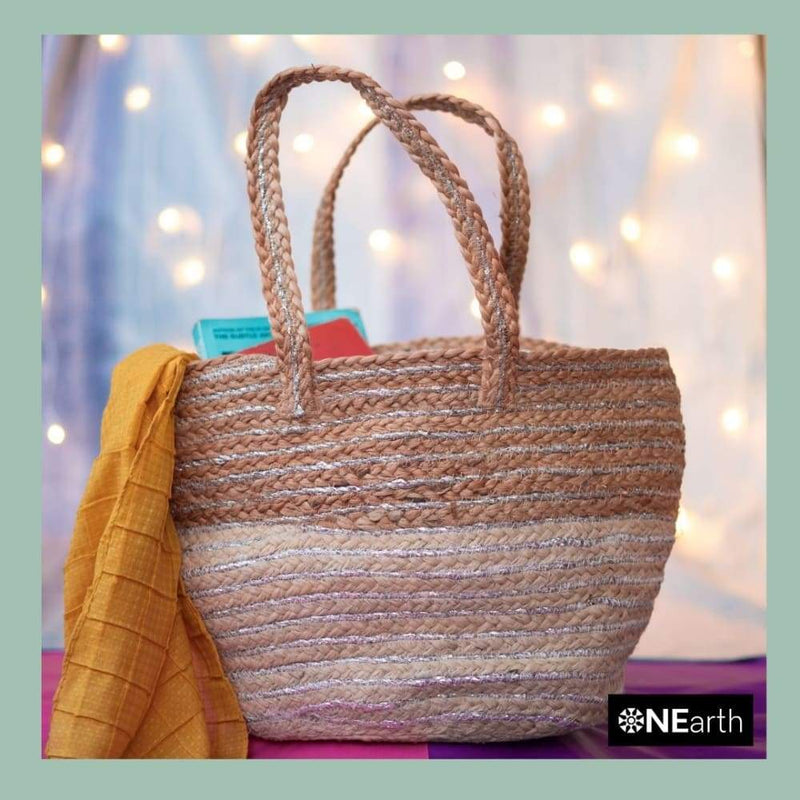 Brown and cream Jute Tote Bag | Verified Sustainable Womens Bag on Brown Living™