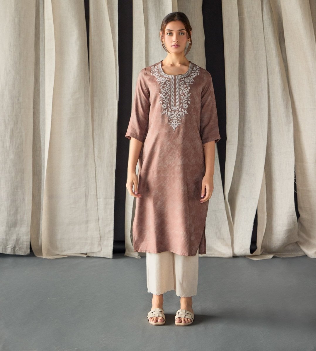 Brown Jacquard Kurta with Yoke Embroidery | Verified Sustainable by Brown Living™