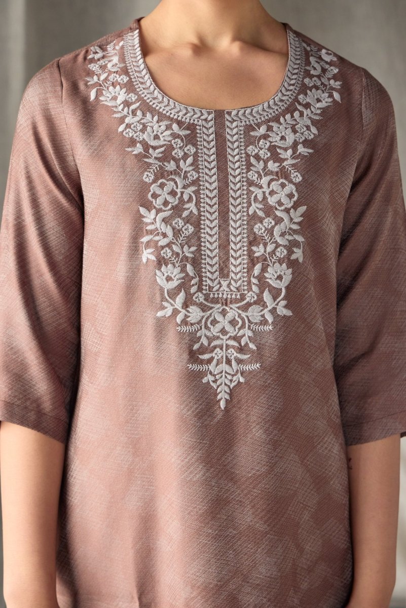 Brown Jacquard Kurta with Yoke Embroidery | Verified Sustainable by Brown Living™