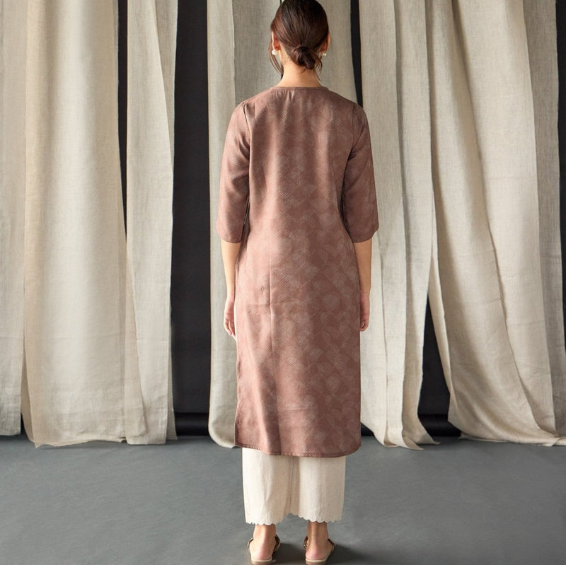 Brown Jacquard Kurta with Yoke Embroidery | Verified Sustainable by Brown Living™