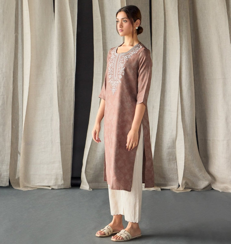 Brown Jacquard Kurta with Yoke Embroidery | Verified Sustainable by Brown Living™