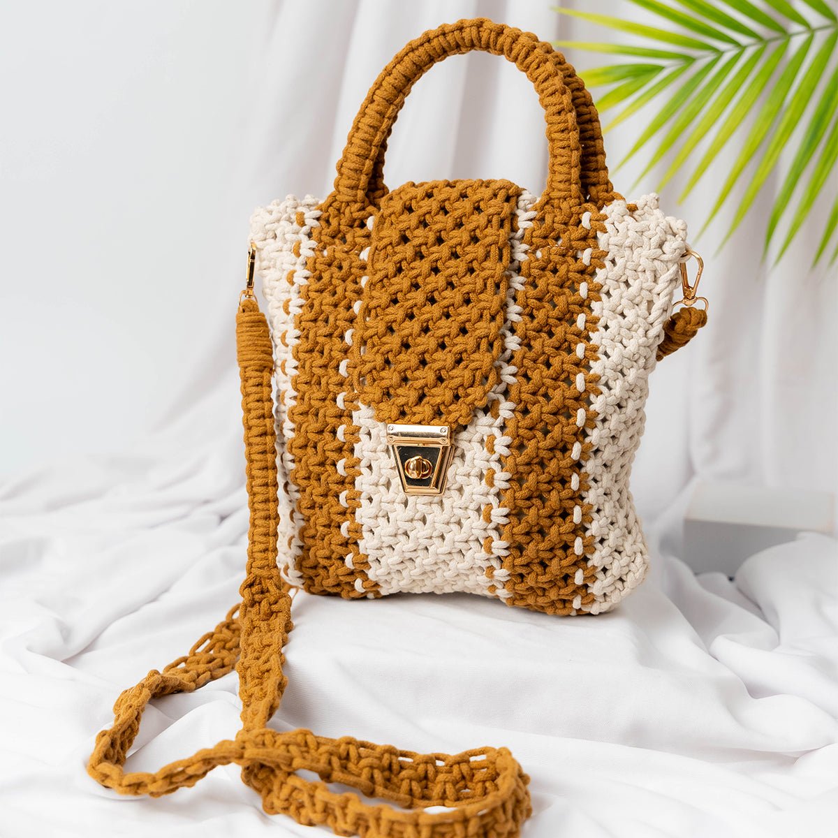 Brown Orchid Crochet Sling Bag | Handmade Shoulder Bag – Handbags on Brown Living™. SKU: AM-MAC-OrchidBrown. Img 1.