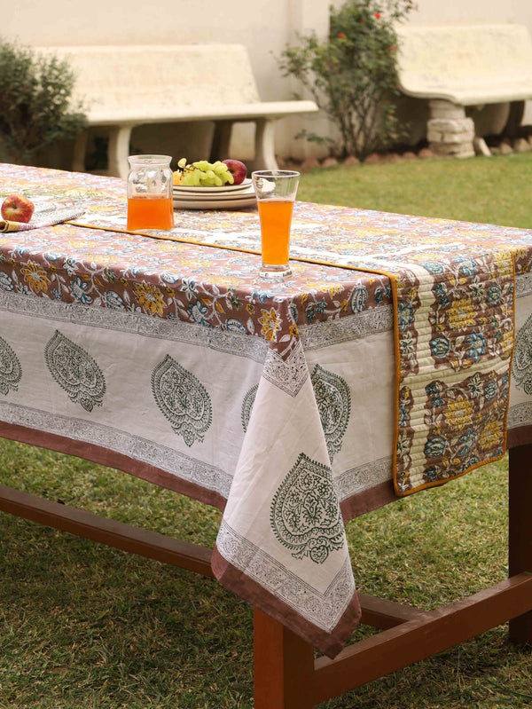 Brown Organic Cotton Table Cover- Floral Design | Verified Sustainable Table Linens on Brown Living™