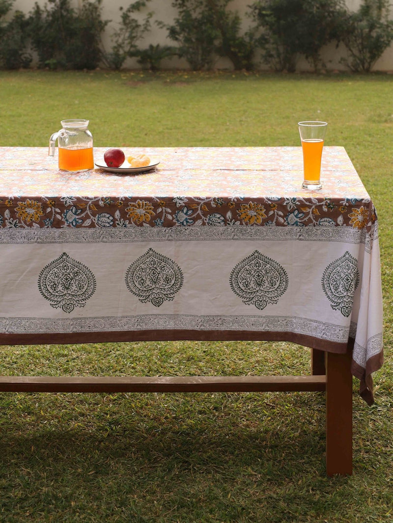 Brown Organic Cotton Table Cover- Floral Design | Verified Sustainable Table Linens on Brown Living™