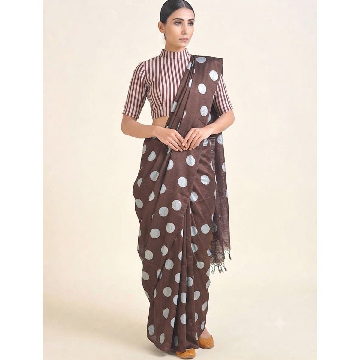 Brown polka 100% Natural Mulberry Silk Saree – Womens Saree on Brown Living™. SKU: NAESA24. Img 1.